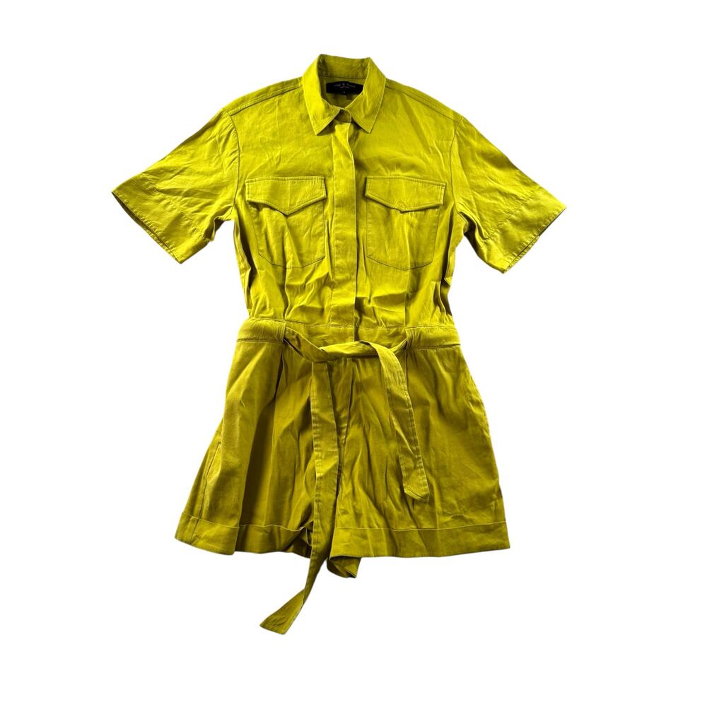 Rag & Bone Surplus Romper Sz 4 Light Green Utility Button Front Tie Waist Linen